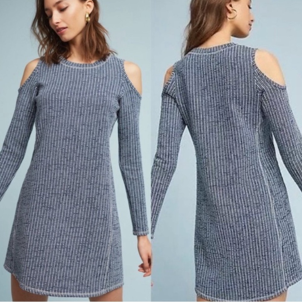 Anthropologie Sol Angeles XS Blue Textured Cold Shoulder Long Sleeve Dress